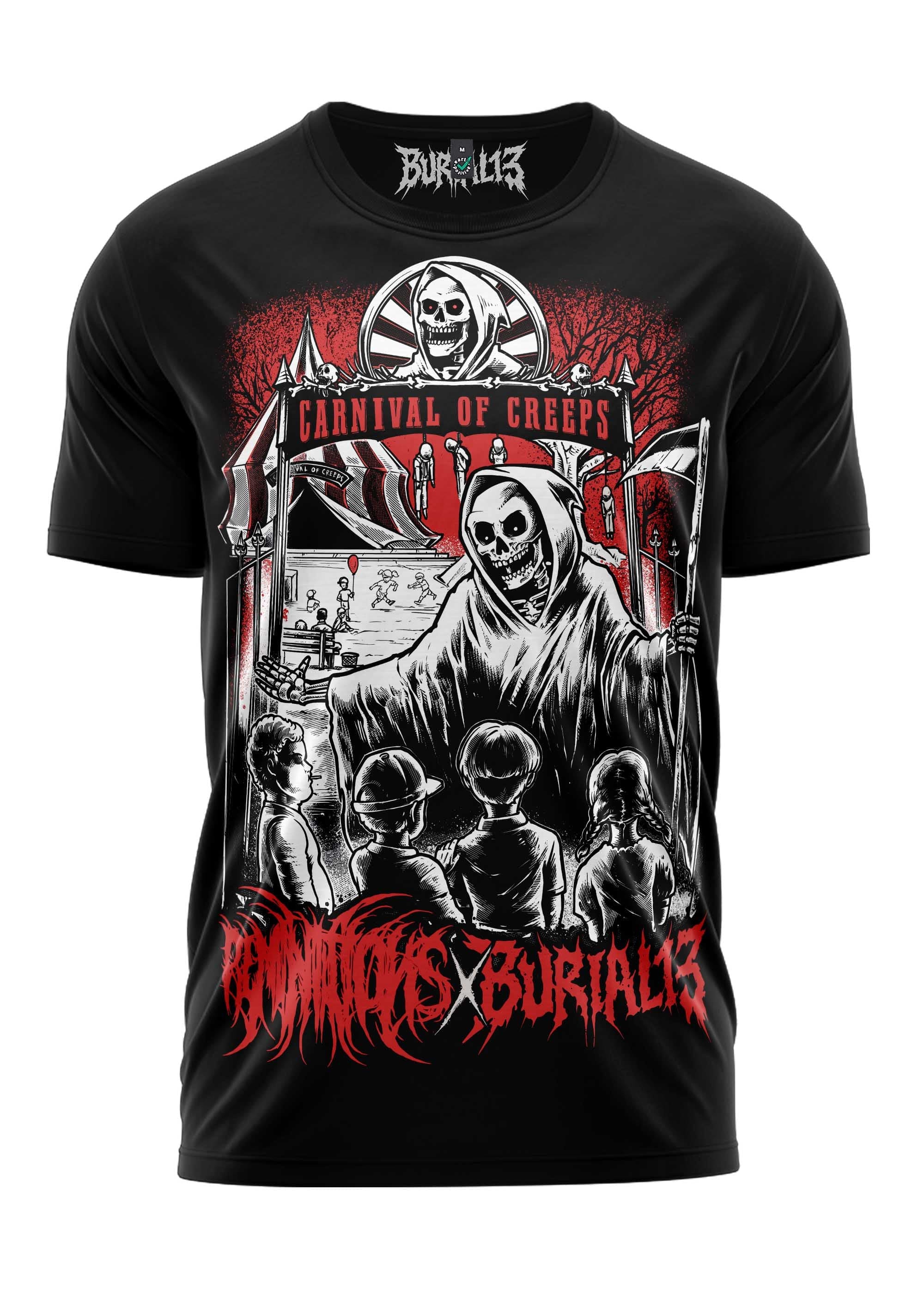 Schwarzes T-Shirt mit einem detaillierten Grafikmotiv des Sensenmanns auf einem verlassenen Karneval mit roten und weißen Akzenten, designed by burial13.